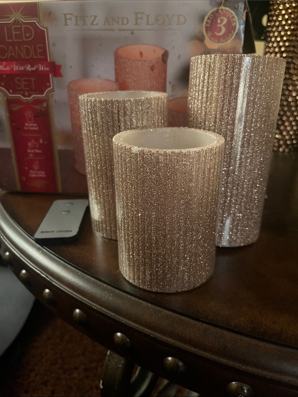 Fitz and Floyd Champagne Gold Glitter LED Pillar Candle Set